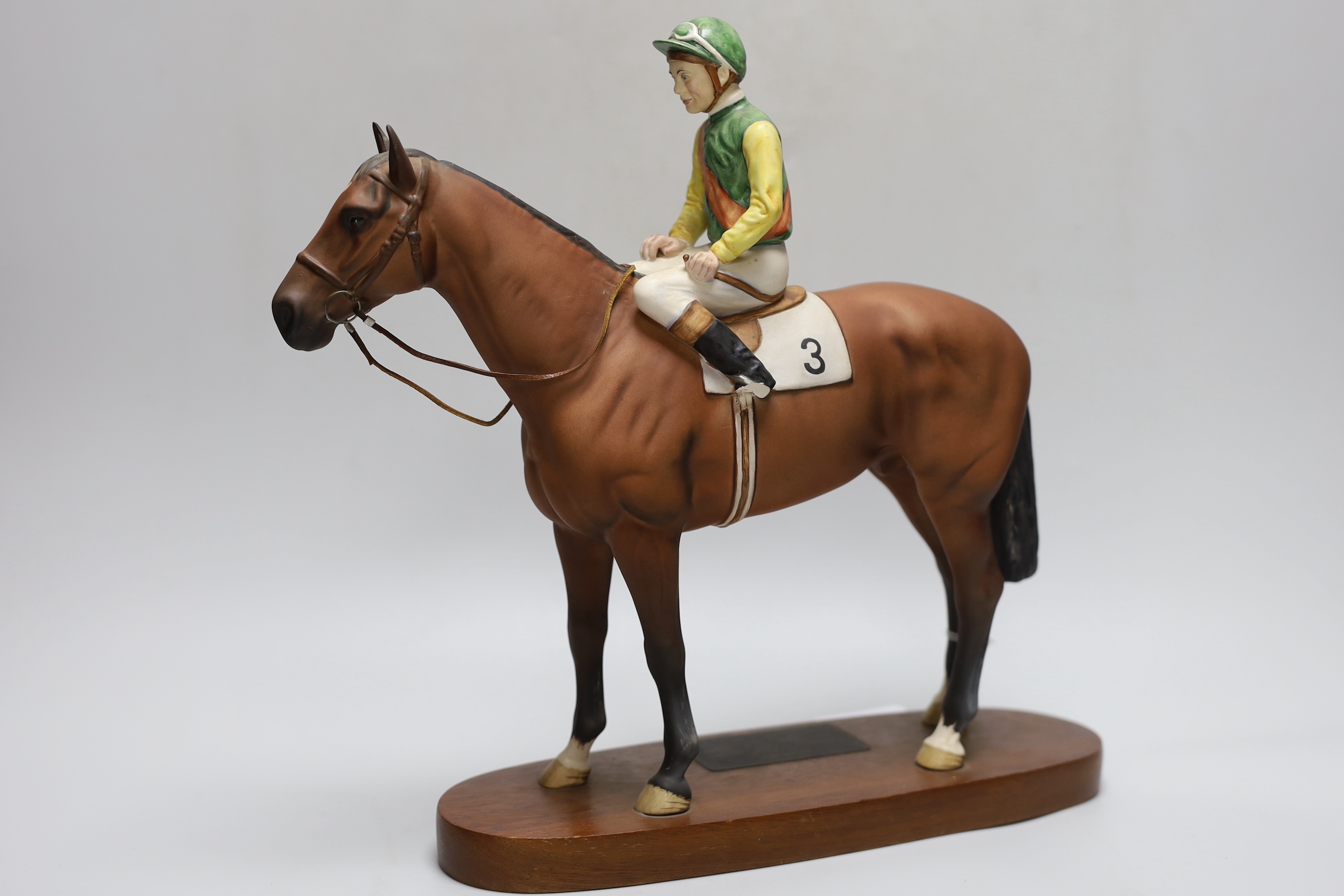 A Beswick model of a jockey and horse. ‘Nijinski, Lester Piggott up, 1970 winner of the English Triple Crown, bred by Mr. E . P. Taylor in Canada’, 32cm